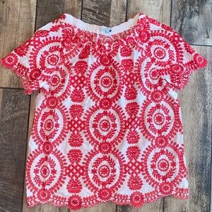John Mark Red and White Heavily Embroidered Blouse